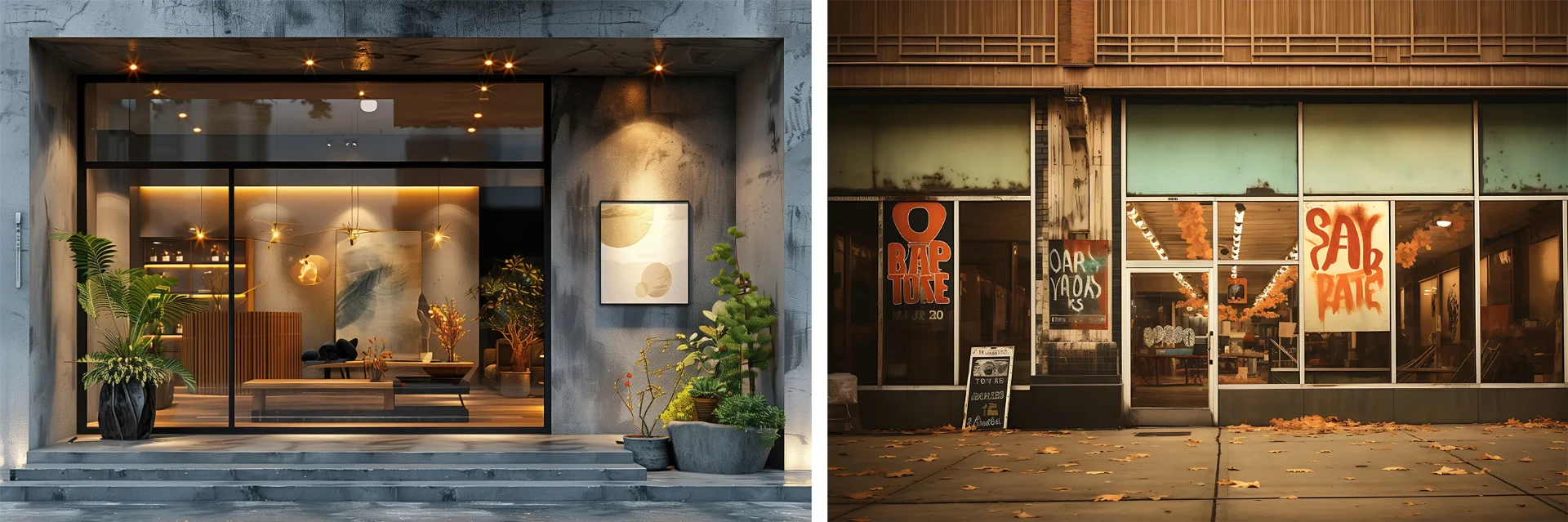 Two storefronts side by side — one polished and inviting, one weathered and neglected.