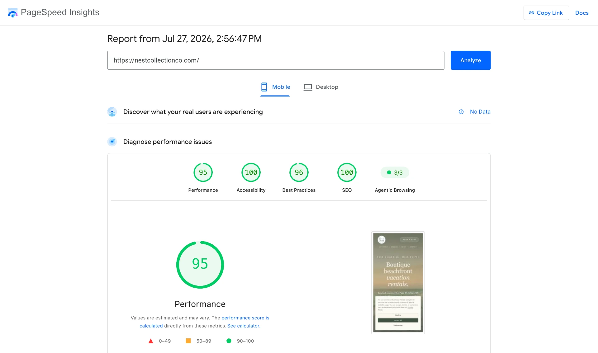 PageSpeed Insights mobile report for nestcollectionco.com showing a 95 Performance score with 100 Accessibility and 100 SEO.