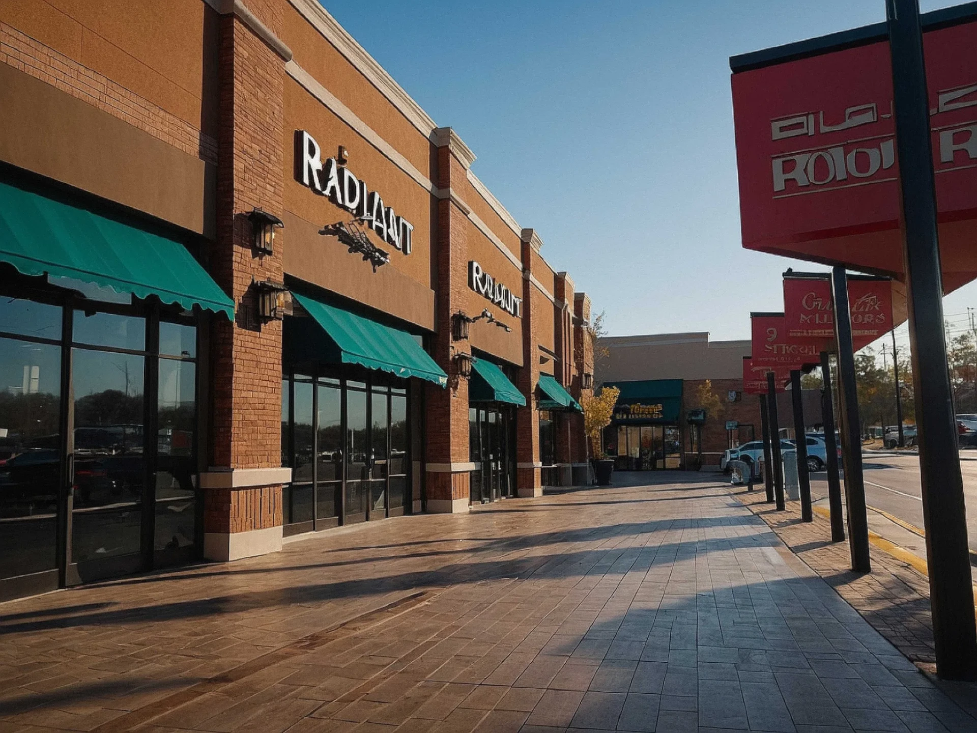 Identical brick storefronts in a strip mall.