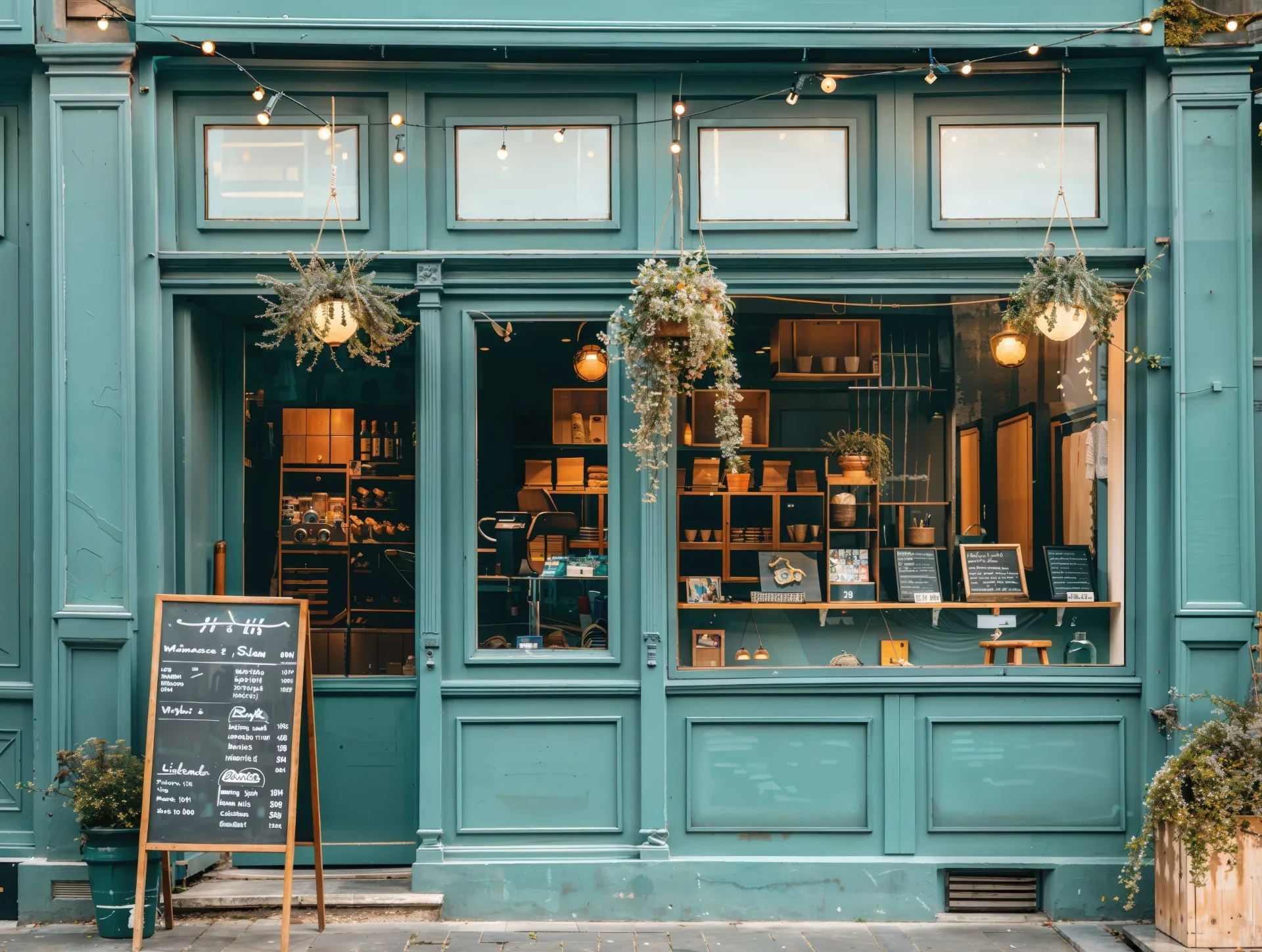 Teal-painted shopfront with hanging plants and a chalkboard menu.