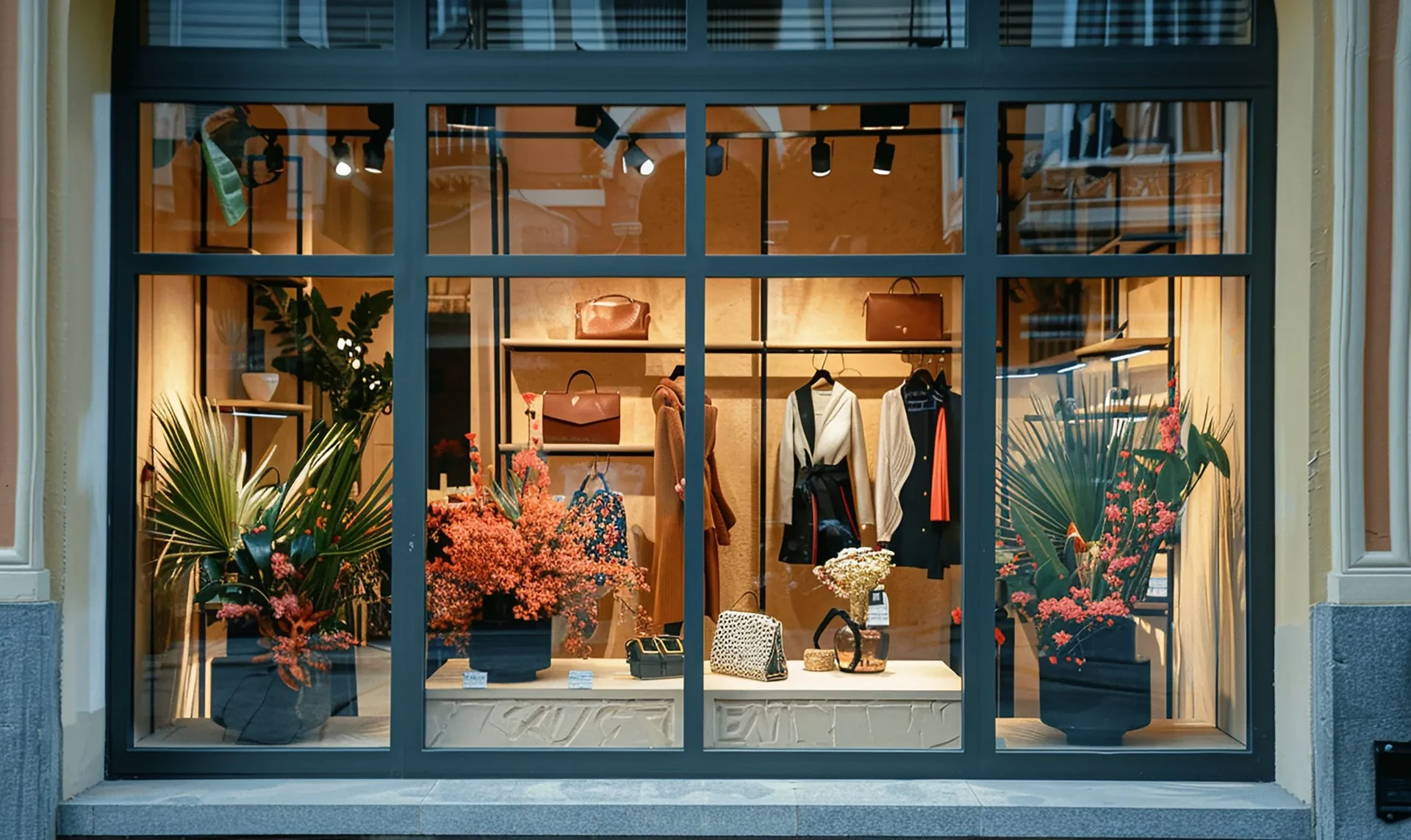 Warm, curated boutique window with thoughtful displays.