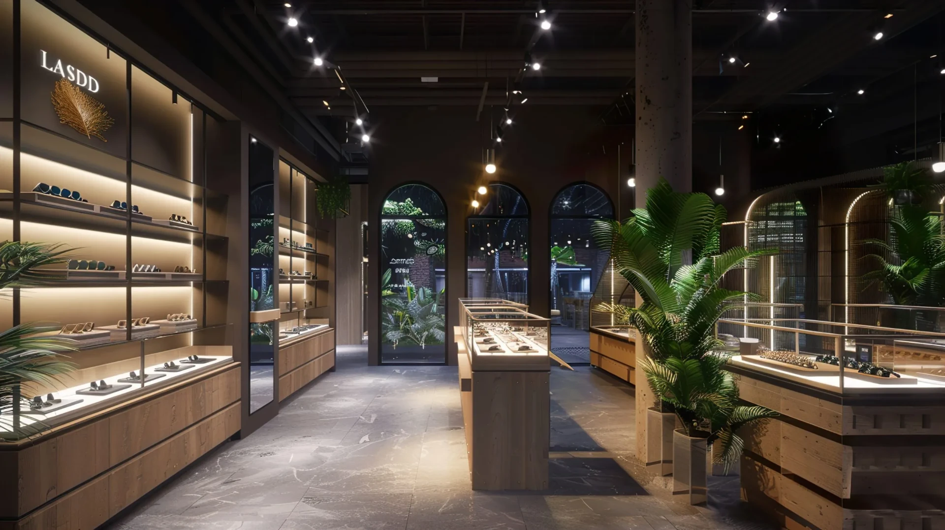 Refined boutique interior with warm lighting and clean displays.