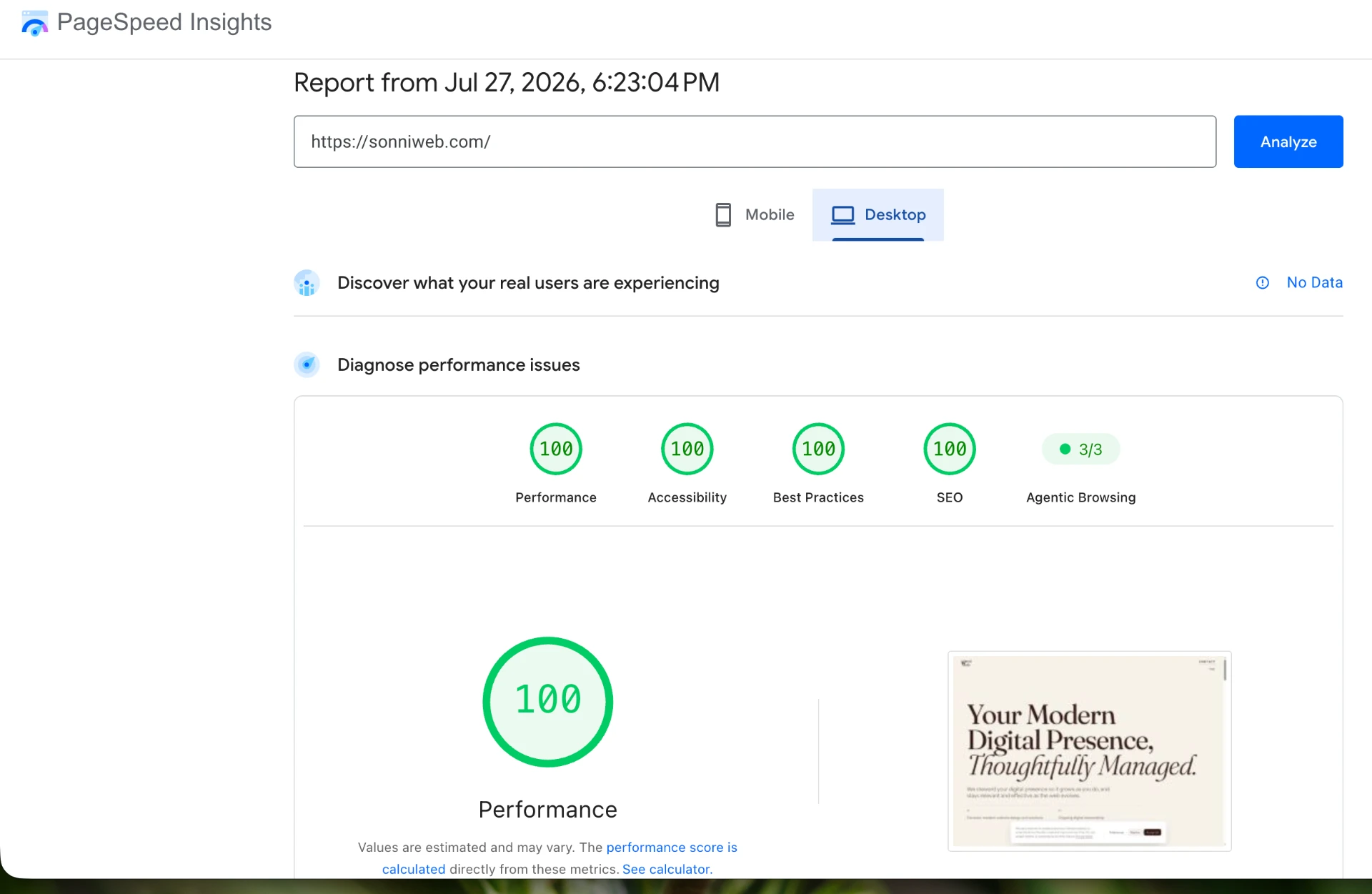 Google PageSpeed Insights desktop report for sonniweb.com showing perfect 100 scores for Performance, Accessibility, Best Practices and SEO.