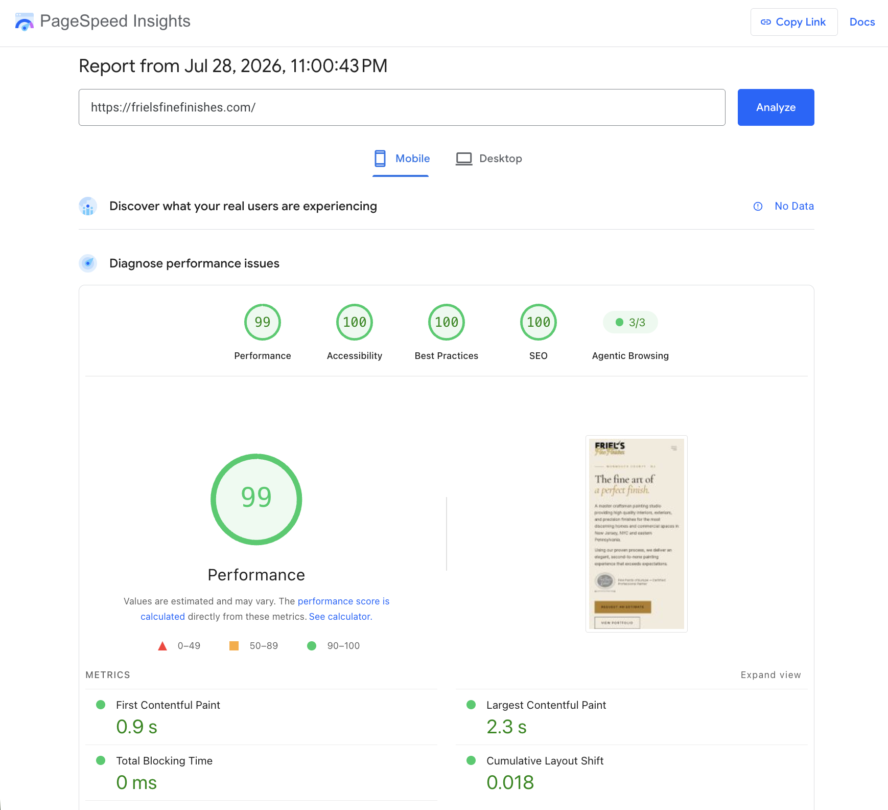 Google PageSpeed Insights mobile report for frielsfinefinishes.com showing a 99 Performance score with 100 Accessibility, Best Practices and SEO.