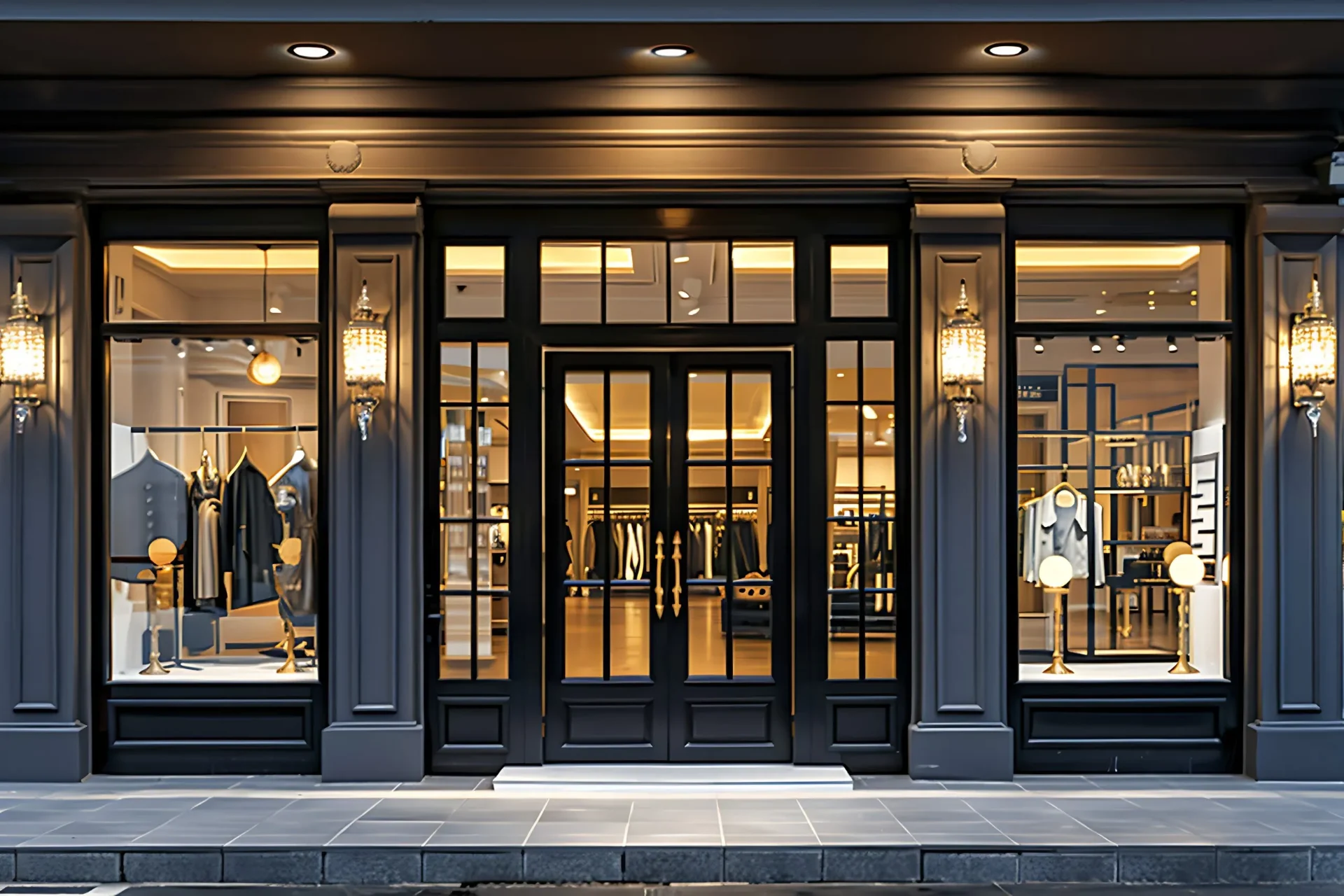 Polished black storefront glowing with warm interior light.
