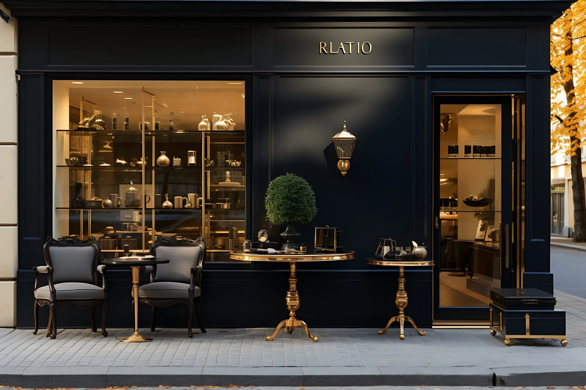 Sophisticated navy and brass shopfront on a quiet street.
