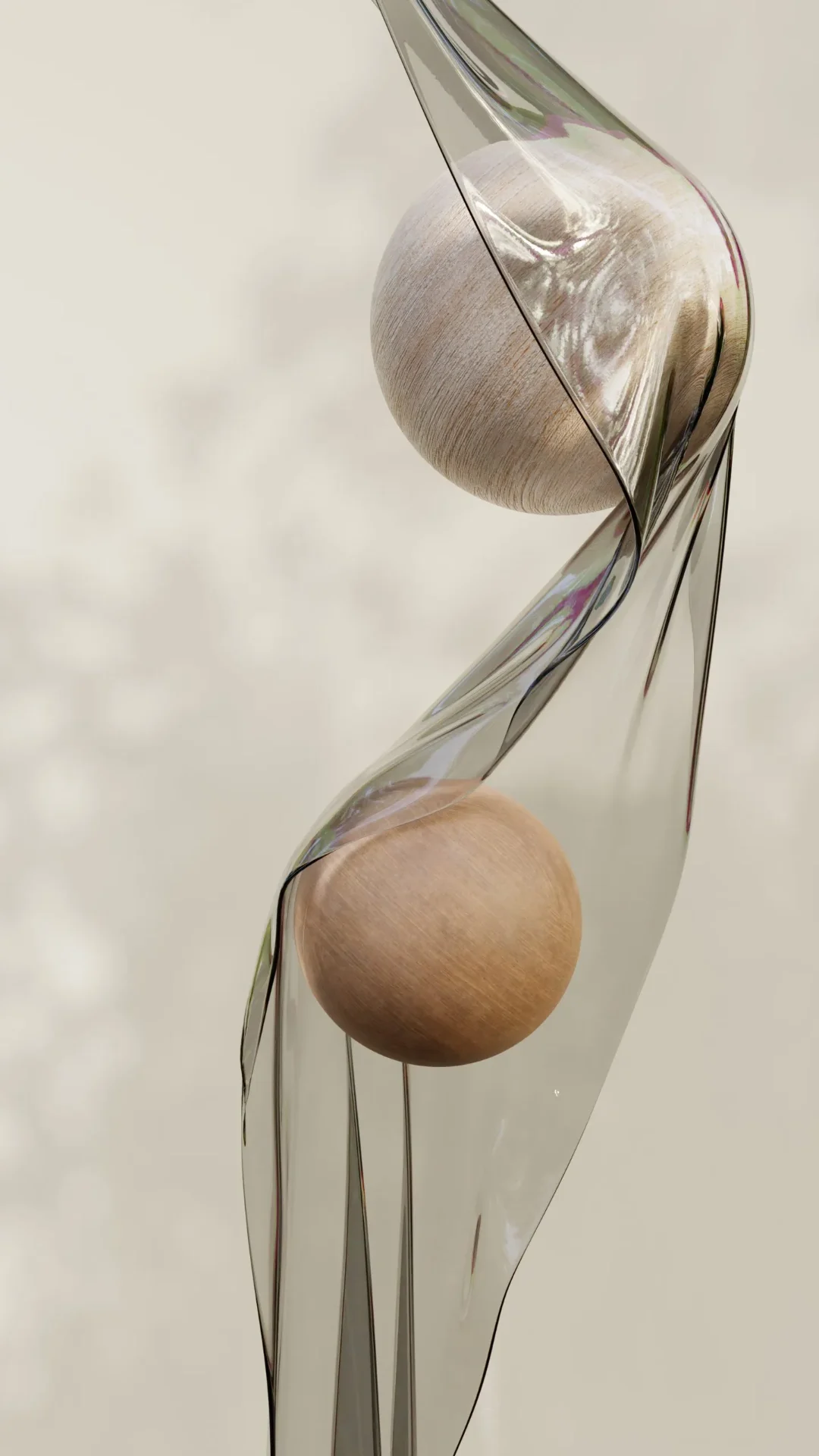 Abstract sculptural form with wooden spheres wrapped in a translucent ribbon.