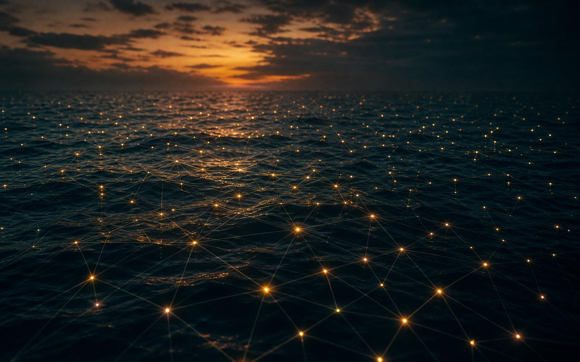 A dark ocean at sunset overlaid with a glowing network of nodes and lines — an invisible web of automated crawlers moving beneath the surface.