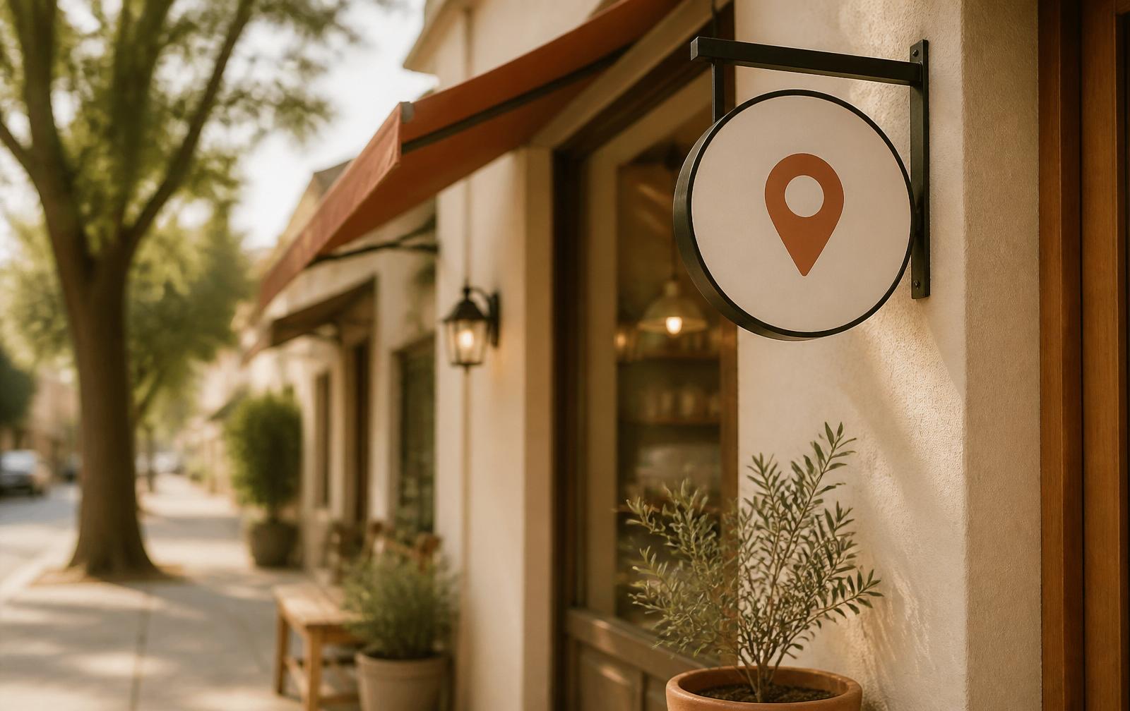 A charming storefront with a map pin sign, symbolizing local search visibility.