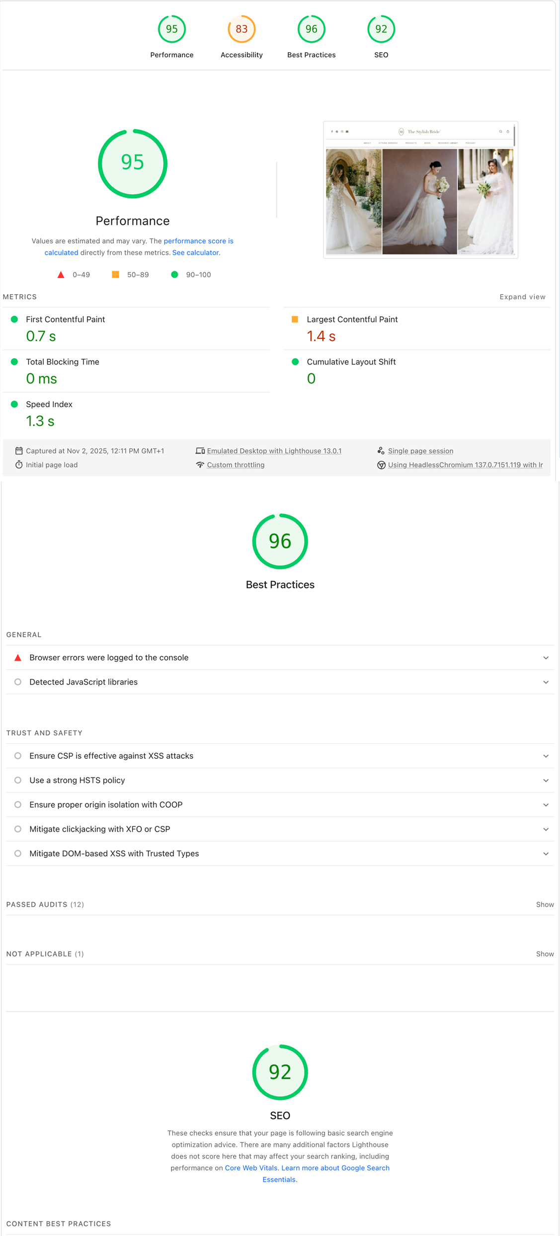 Google PageSpeed Insights dashboard with green score badges 95, 96, and 92.