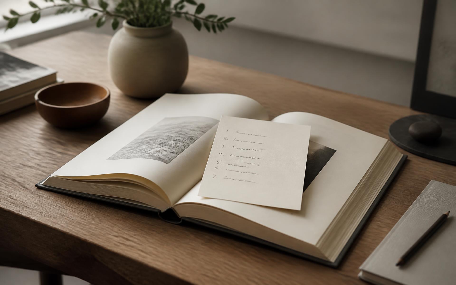 An open book on a wooden desk with a handwritten table of contents card resting on top, bathed in soft natural light.