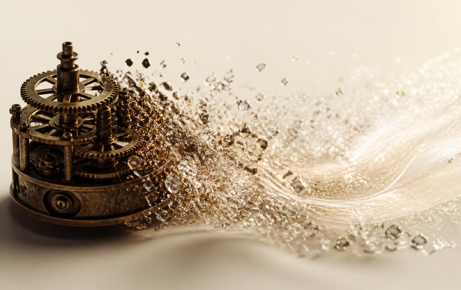 An antique brass clockwork mechanism dissolving into a stream of light — old machinery giving way to a new generation.